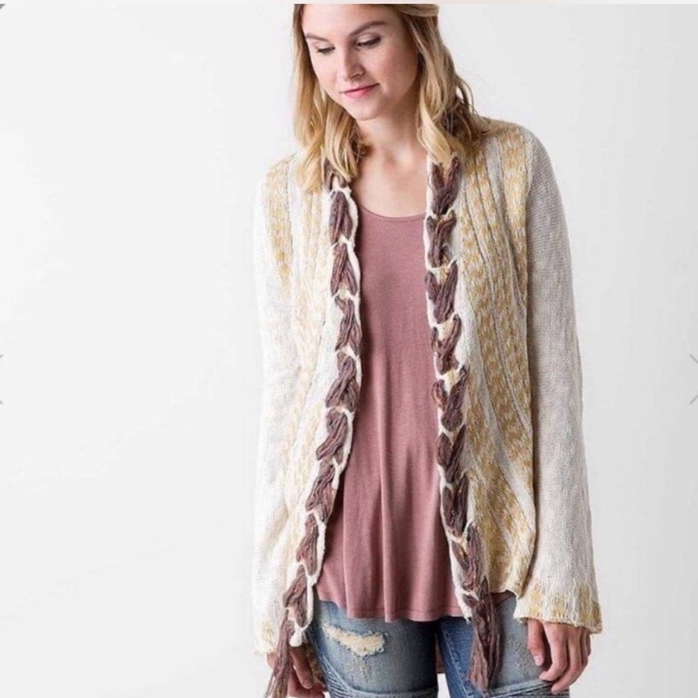 BKE Gimmicks open front mixed stitch braided  boho cardigan brown yellow small